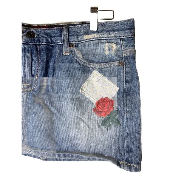 Guess Y2K Mini Denim Skirt Jean Embroidered Sz 31  Fairycore Whimsi Boho Festiva - Picture 3 of 16